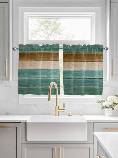 Vintage Plank Turquoise Brown Window Valance Curtains, Farmhouse Wood Grain Light Filtering Kitchen Valance with 3-inch Rod Pocket for Living Room Bathroom Bedroom,2 Panel,27.5x36In