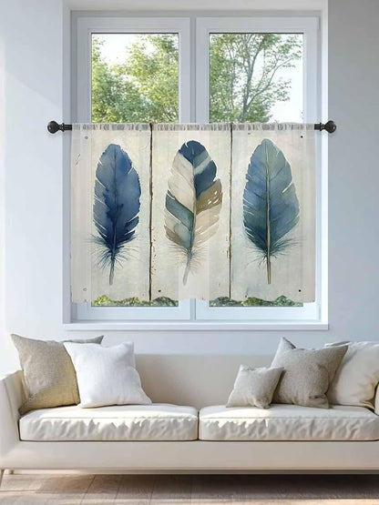 Sheer Curtains 54 Inch Length, Boho Blue Feathers Semi Sheer Curtains Light Filtering Window Treatment, Farmhouse Vintage Wooden Grain Privacy Voile Drapes for Living Room Bedroom 52x54 Inch