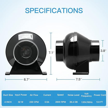iPower 4 Inch 230 CFM Inline Fan Circulation Vent Blower, Air Carbon Filter, 8 Feet Ducting for Grow Tent Ventilation, Black