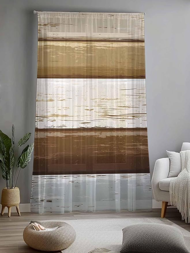 Sheer Curtains 84 Inches Long, Wood Grain Brown Semi Sheer Curtains Light Filtering Window Treatment, Farmhouse Vintage Country Geometric Privacy Voile Drapes for Living Room Bedroom 52x84 Inch