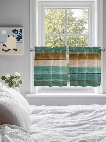Vintage Plank Turquoise Brown Window Valance Curtains, Farmhouse Wood Grain Light Filtering Kitchen Valance with 3-inch Rod Pocket for Living Room Bathroom Bedroom,2 Panel,27.5x36In