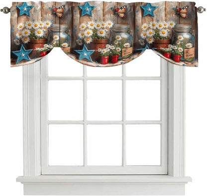 Country Flower Tie Up Valance for Window, Western Texas Star Butterfly Barn Door Adjustable Balloon Window Shade Valance Curtain for Kitchen Cafe Bathroom Window Treatment Panel 42''x12''