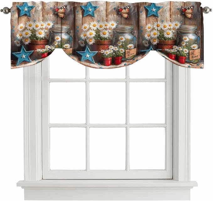 Country Flower Tie Up Valance for Window, Western Texas Star Butterfly Barn Door Adjustable Balloon Window Shade Valance Curtain for Kitchen Cafe Bathroom Window Treatment Panel 60''x18''