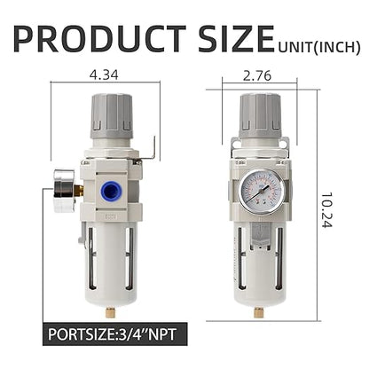 Air Compressor Water Separator Filter 3/4" NPT 0-150 PSI,Compressed Filter Regulator Combo,Poly Bowl,Semi-Auto Drain
