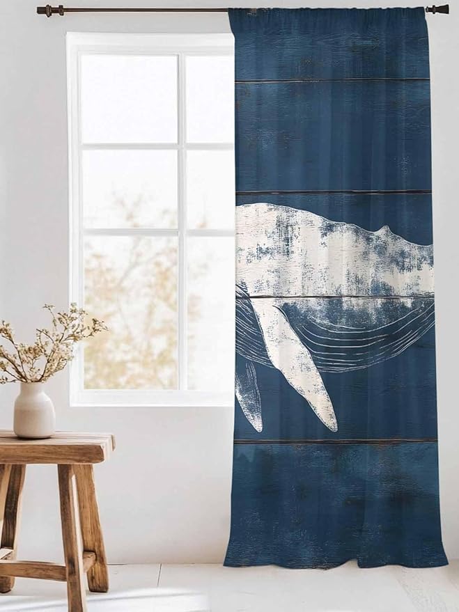 Sheer Curtains 108 Inches Long, Summer Whale Semi Sheer Curtains Light Filtering Window Treatment, Ocean Vintage Wooden Grain Blue Privacy Voile Drapes for Living Room Bedroom 52x108 Inch