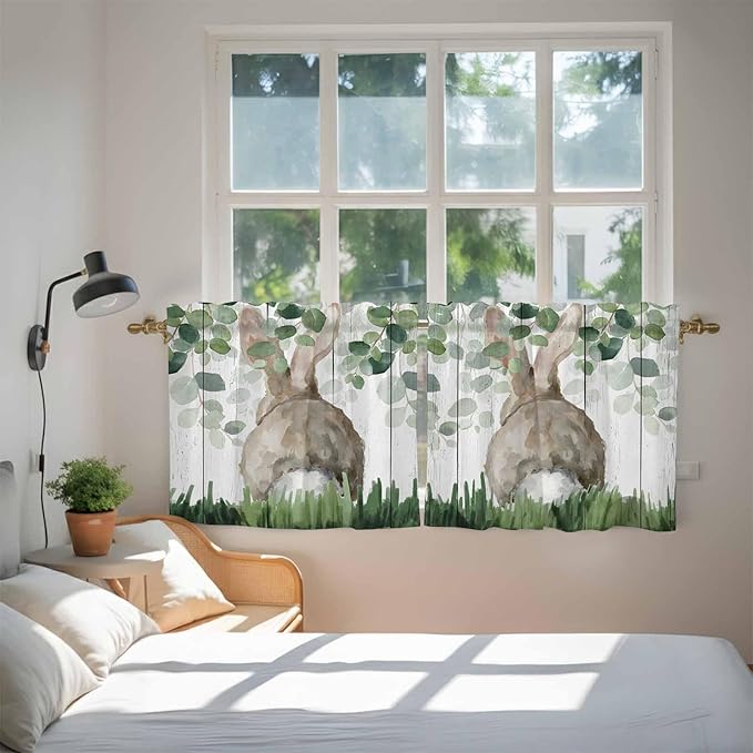 Easter Tier Curtains, Country Rabbit Botanical Leaves Wooden Grain Light Filtering Kitchen Curtains, 2Pcs Rod Pocket Half Window Treatments Panels for Sink Cafe Cabinet Camper 27.5x36 Inches