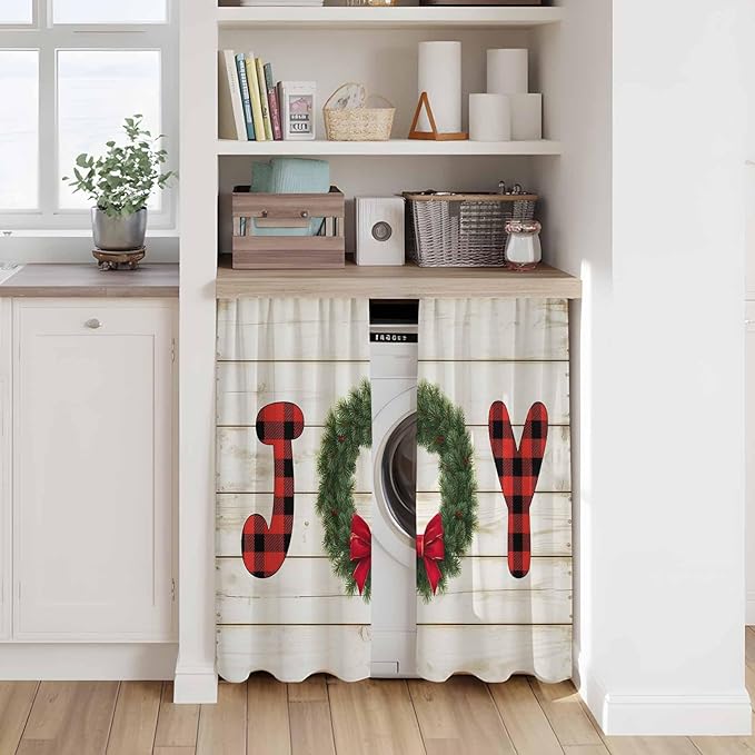 Christmas Wreaths Kitchen Tier Curtains 45 Inch Long 2 Panel Set,Rod Pocket Short Window Treatment,Winter Bow Plaid Farmhouse Wooden Grain Curtains & Drapes for Bathroom Basement 27.5"W x 45"L