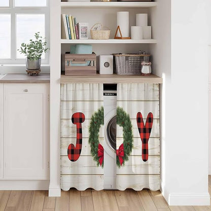 Christmas Wreaths Kitchen Tier Curtains 45 Inch Long 2 Panel Set,Rod Pocket Short Window Treatment,Winter Bow Plaid Farmhouse Wooden Grain Curtains & Drapes for Bathroom Basement 27.5"W x 45"L