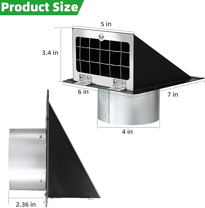4 Inch Dryer Vent Cover Outside with Mesh & Cushioned Flap,Metal Wall Vent Exhaust Vent Cover,Exterior Dryer Vent Hood Wall Mount Extractor Vent,Outdoor Dryer Vent Cover for Laundry AC Air Vents-Black