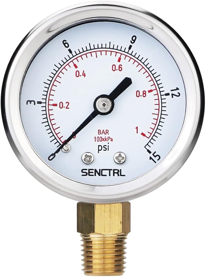 SENCTRL 0-15 Psi Low Pressure Gauge, 2" Dial Size, 1/4 Npt Lower Mount, Waterproof, Stainless Steel Case, for Water Air ATV Tire Gas Pressure Test
