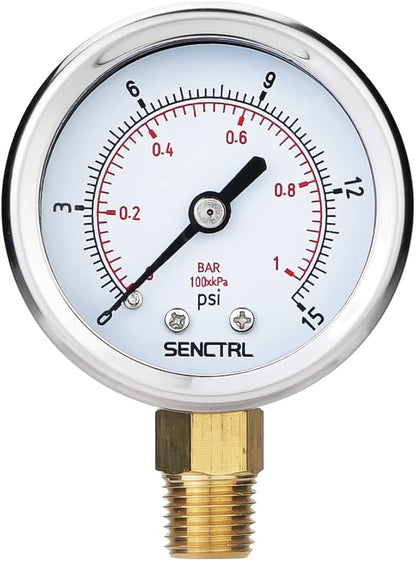 SENCTRL 0-15 Psi Low Pressure Gauge, 2" Dial Size, 1/4 Npt Lower Mount, Waterproof, Stainless Steel Case, for Water Air ATV Tire Gas Pressure Test