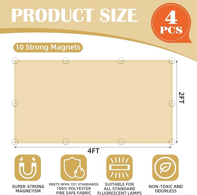 4 Pcs Fluorescent Light Covers - Classroom, Office 4 x 2 Feet Flame Retardant Magnetic Covers for Ceiling Lights Filters (Warm Yellow)