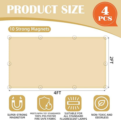 4 Pcs Fluorescent Light Covers - Classroom, Office 4 x 2 Feet Flame Retardant Magnetic Covers for Ceiling Lights Filters (Warm Yellow)