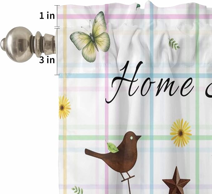Kitchen Curtains Tiers and Valance Set of 3, Sunflowers Dog Light Filtering Window Curtain Set, Spring Watercolor Floral Stars Colorful Plaid Rod Pocket Curtain Drapes for Living Room, 24 Inches Tiers