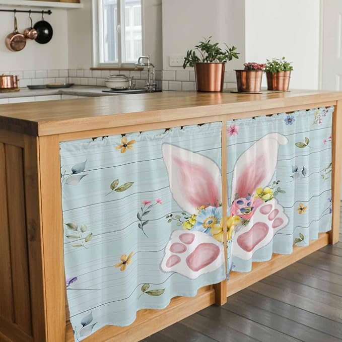 Easter Kitchen Tier Curtains 36 Inch Long 2 Panel Set,Rod Pocket Half Window Curtains Over Sink,Spring Rabbits Ears Feet Flowers Wooden Grain Light Filtering Short Drapes Cafe 27.5"W x 36"L