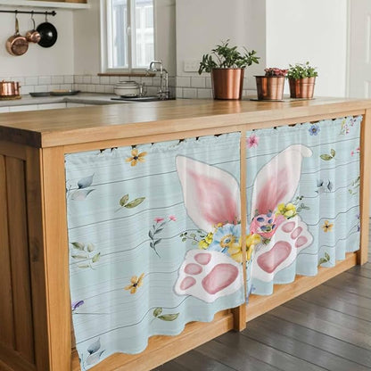 Easter Kitchen Tier Curtains 36 Inch Long 2 Panel Set,Rod Pocket Half Window Curtains Over Sink,Spring Rabbits Ears Feet Flowers Wooden Grain Light Filtering Short Drapes Cafe 27.5"W x 36"L