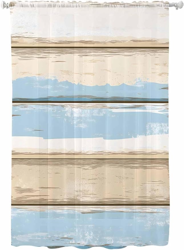 Sheer Curtains 63 Inch Length, Vintage Geometric Blue Semi Sheer Curtains Light Filtering Window Treatment, Abstract Country Shabby Wood Grain Privacy Voile Drapes for Living Room Bedroom 52x63 Inch