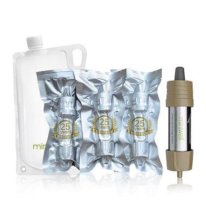 Miniwell L630 Portable Water Filter with Upgraded Vacuum Packaging - 25 Year Storage, Long Lasting and Versatile Usage Options, 3 Pack Filter and 1L Bottles