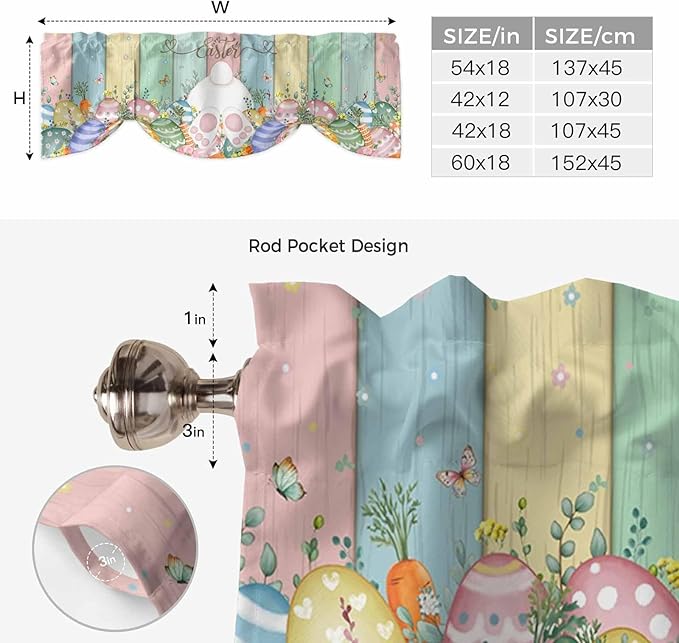 Easter Tie Up Valance Curtains for Windows, Kitchen Curtains Window Shades, Spring Rabbit Ears Foot Eggs Floral Wooden Grain Light Filtering Roman Curtain Valances for Bedroom/Bathroom/Cafe 54"x18"