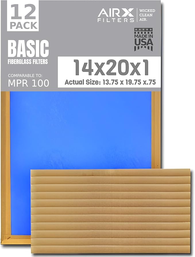 14x20x1 Air Filter Comparable to MPR 100 Basic Economy Furnace Filters, 12 Pack of Non Pleated Fiberglass Filter For Dust - Low Airflow Restriction! From AIRX FILTERS WICKED CLEAN AIR.