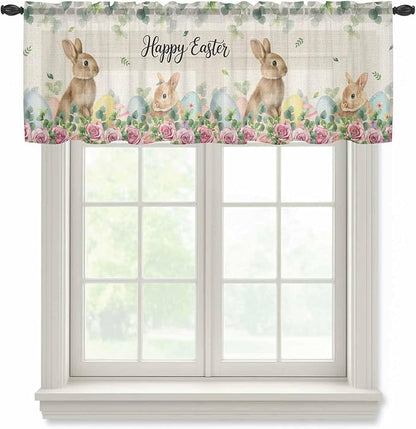 Easter Sheer Valances for Windows 42"x12", Light Filtering Kitchen Curtains Valance, Spring Watercolor Bunny Eggs Flower Leaf Beige Rod Pocket Chiffon Curtains for Living Room Bedroom Cafe