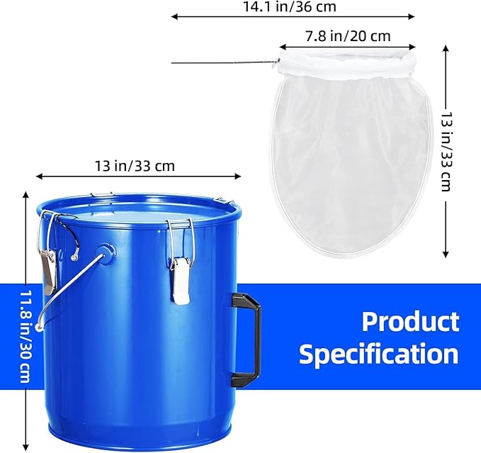 8 Gal Fryer Grease Bucket, Steel Oil Disposal Container with Rust-Proof Coating, Safety Lid & Lock Clips & Filter Bag for Cooking Grease Storage & Transport,Blue