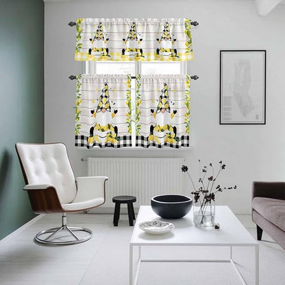 Lemon Gnomes Kitchen Curtains Set 3 Piece for Windows, Rod Pocket Valance and Tier Set 24 Inch Length, Summer Botanical Fruit Wooden Grain Plaid Light Filtering Cafe Curtains for Living Room Bathroom
