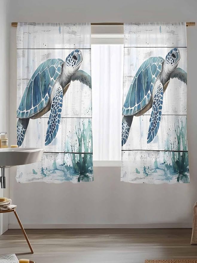 Sheer Curtains 63 Inch Length, Teal Green Sea Turtle Semi Sheer Curtains Light Filtering Window Treatment, Summer Ocean Vintage Wood Grain Privacy Voile Drapes for Living Room Bedroom 52x63 Inch