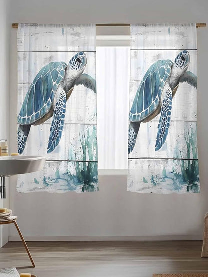 Sheer Curtains 63 Inch Length, Teal Green Sea Turtle Semi Sheer Curtains Light Filtering Window Treatment, Summer Ocean Vintage Wood Grain Privacy Voile Drapes for Living Room Bedroom 52x63 Inch