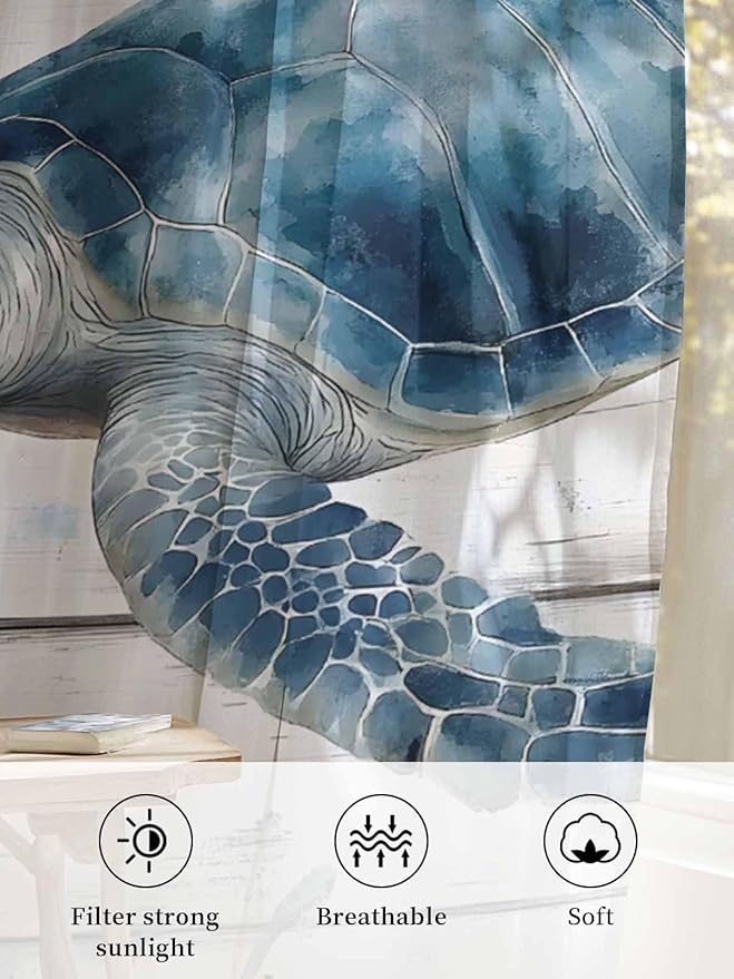 Sheer Curtains 108 Inches Long, Ocean Sea Turtle Semi Sheer Curtains Light Filtering Window Treatment, Coastal Seaweed Vintage Wood Grain Privacy Voile Drapes for Living Room Bedroom 52x108 Inch