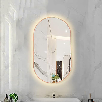 Oval LED Illuminated Bathroom Mirror, Wall-mounted Vanity Makeup Mirror with Demister Pad, 3 Dimmable Color Temperatures & Touch Control, Metal Frame Anti-Fog Lighted Wall Mirror ( Color : Rose Gold F