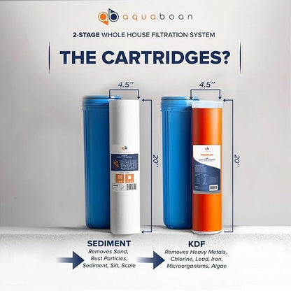 Aquaboon 2-Stage Whole House Water Filtration System with 20" Sediment, KDF Filters, Pressure Gauges & Release, Wrench, White Coated Bracket