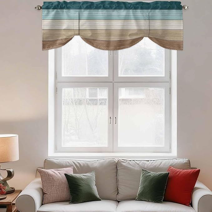 Teal Brown Tie Up Valance Curtains for Windows, Kitchen Curtains Window Shades, Farmhouse Vintage Abstract Wooden Grain Light Filtering Roman Curtain Valances for Bedroom/Bathroom/Cafe 42"x18"