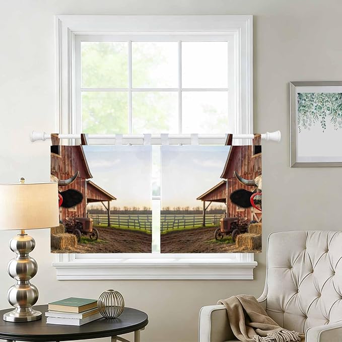 Farm Cows Kitchen Curtains 36 Inch Length, Small Window Curtains Tab Top, Farmhouse Barn Funny Animals Butterfly Light Filtering Short Window Treatments Tier Drapes 27.5"x36" 2 Panel