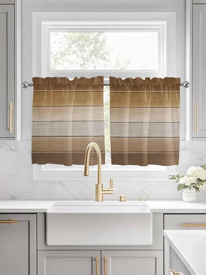Vintage Brown Gradient Wood Grain Window Valance Curtains, Farmhouse Wood Barn Light Filtering Kitchen Valance with 3-inch Rod Pocket for Living Room Bathroom Bedroom,2 Panel,27.5x24In
