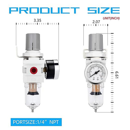 NANPU 1/4" NPT Compressed Air Filter Regulator Combo Piggyback, 5 Micron Brass Element, Poly Bowl, Semi-Auto Drain, Metal Bracket, 0-150 psi Gauge, Ball Valve