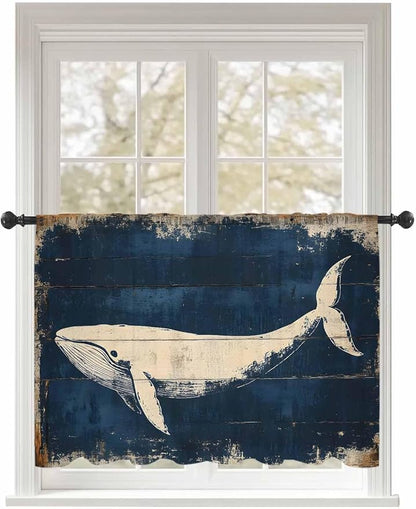 Sheer Curtains 54 Inch Length, Ocean Whale Blue Semi Sheer Curtains Light Filtering Window Treatment, Summer Coastal Vintage Wood Grain Privacy Voile Drapes for Living Room Bedroom 52x54 Inch