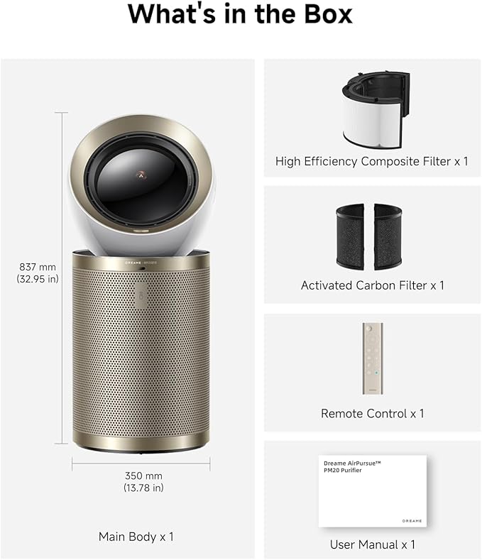 Dreame Smart Air Purifier PM20 for Home Large Room, Cleans 7,534 ft² in One Hour with 4 Filters, Dual-way Air Oulets, Al Tracking, Air Quality Monitor with 7 Sensors, 3-in-1 Purifier, Heater & Fan