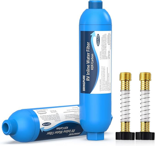 Bringpure RV Inline Water Filter with Flexible Hose Protector, NSF 42/372 Certified, Reduce Chlorine, Odor, Taste, Rust and Fluoride in Drinking Water, Dedicated for RVs and Marines, Pack of 2