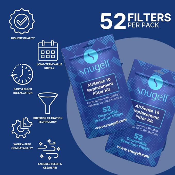 Snugell Disposable CPAP Filters -Compatible with ResMed AirSense 10, AirCurve 10 & S9 Series - Ideal for Home and Travel Use –Easy to Install for Superior Air Filtration & Cleaner Breathing (52- pack)
