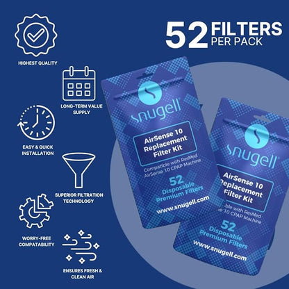 Snugell Disposable CPAP Filters -Compatible with ResMed AirSense 10, AirCurve 10 & S9 Series - Ideal for Home and Travel Use –Easy to Install for Superior Air Filtration & Cleaner Breathing (52- pack)