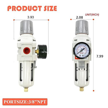 RIH 3/8"NPT Air Filter Pressure Regulator Combo Piggyback, 5 Micron Brass Element, Poly Bowl, Semi-Auto Drain, Metal Bracket, 0-150 psi Gauge Air Tool Compressor Filter with Gauge (3/8"NPT)