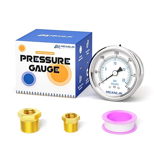 MEANLIN MEASURE 0~300Psi Dry Pressure Gauge Stainless Steel 1/8" NPT 2" FACE DIAL Waterproof for Air Compressor Air Regulator Water Filter Back Mount, with 1/4" NPT and 3/8" NPT Hex Bushing