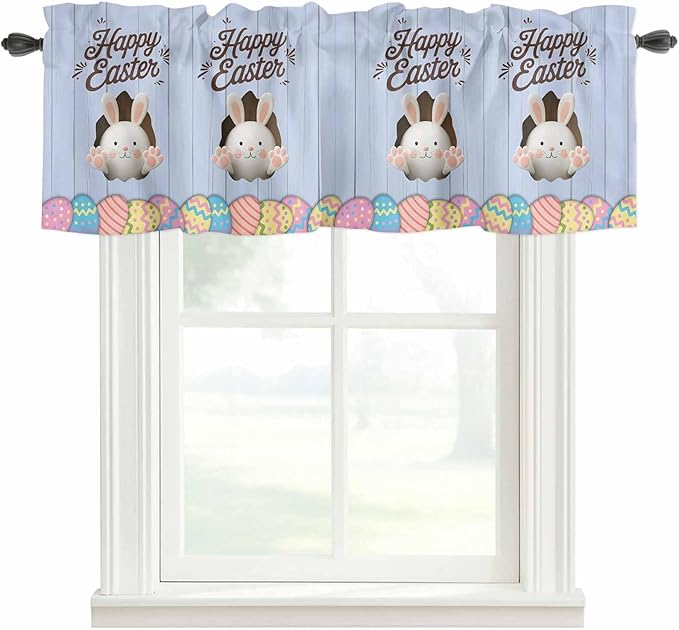 Blue Easter Curtain Valances for Windows, Kitchen Valance Window Treatment, Spring Cartoon Bunny Colorful Eggs Wood Grain Light Filtering Block Curtains for Bathroom/Bedroom/Living Room 60'' x 18''