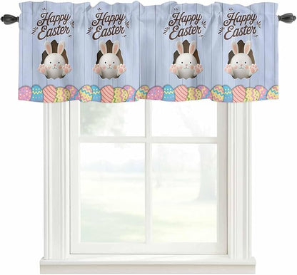 Blue Easter Curtain Valances for Windows, Kitchen Valance Window Treatment, Spring Cartoon Bunny Colorful Eggs Wood Grain Light Filtering Block Curtains for Bathroom/Bedroom/Living Room 60'' x 18''