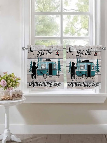 Farmhouse Bear Camper Van Tree Window Valance Curtains, Vintage Wood Grain Light Filtering Kitchen Valance with 3-inch Rod Pocket for Living Room Bathroom Bedroom,2 Panel,27.5x24In