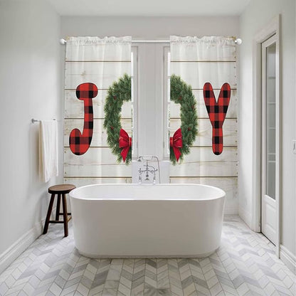 Christmas Wreaths Window Curtains 72 Inch Long 2 Panel Set,Rod Pocket Long Curtains & Drapes,Winter Bow Plaid Farmhouse Wooden Grain Window Treatment for Bedroom Living Room 52"W x 72"L