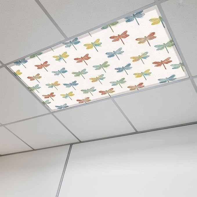 Fluorescent Light Covers for Ceiling Lights Watercolor Dragonfly Magnetic Light Filters 1 Pack 4x2 ft Colorful Linen Ceiling Lights Cover for Classroom Office School Home Drop Lamp Decor