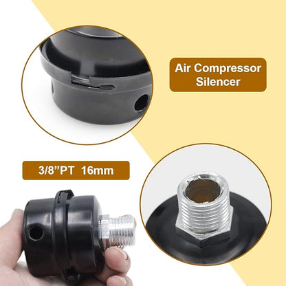 Pack of 2 Air Compressor Silencers with Replacement Elements, 3/8" Thread Intake Filter Silencer, 16mm Metal Filter Noise Muffler Replacement Parts