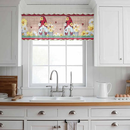 Ladybug Gnome Sheer Valance Curtains, Country Summer Rustic White Yellow Daisy Floral Wood Grain Light Filtering Kitchen Valances Rod Pocket Voile Curtain for Bedroom/Living Room/Basement 42Wx12L